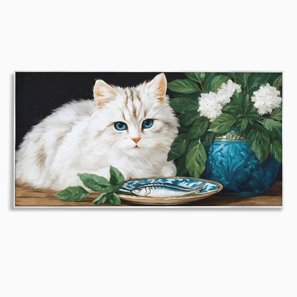 Tablou Canvas Premium, LuxCanva® M1238, Ospat Nobil, Pisica, Portelan, Vaza, Flori, Frunze, Blanita, Peste, Cina, Mancare, Farfurie, Pictura, Ceramica, Birou, Living, Camera Copil