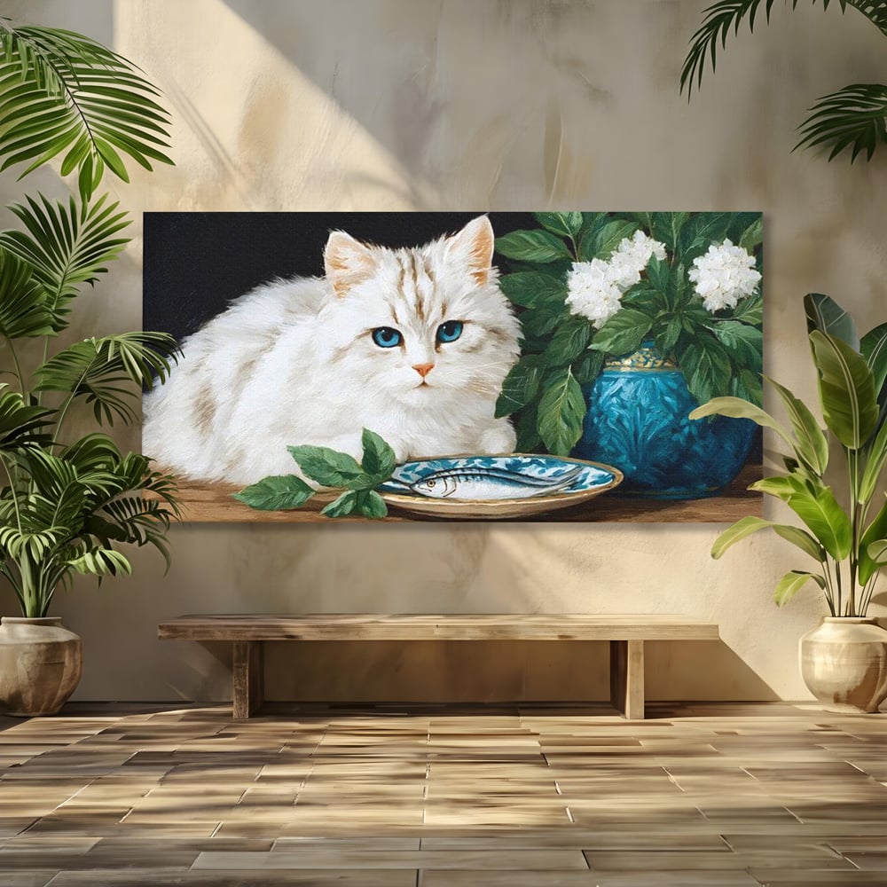 Tablou Canvas Premium, LuxCanva® M1238, Ospat Nobil, Pisica, Portelan, Vaza, Flori, Frunze, Blanita, Peste, Cina, Mancare, Farfurie, Pictura, Ceramica, Birou, Living, Camera Copil