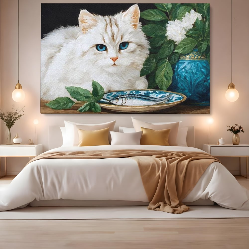 Tablou Canvas Premium, LuxCanva® M1238, Ospat Nobil, Pisica, Portelan, Vaza, Flori, Frunze, Blanita, Peste, Cina, Mancare, Farfurie, Pictura, Ceramica, Birou, Living, Camera Copil