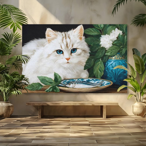 Tablou Canvas Premium, LuxCanva® M1238, Ospat Nobil, Pisica, Portelan, Vaza, Flori, Frunze, Blanita, Peste, Cina, Mancare, Farfurie, Pictura, Ceramica, Birou, Living, Camera Copil