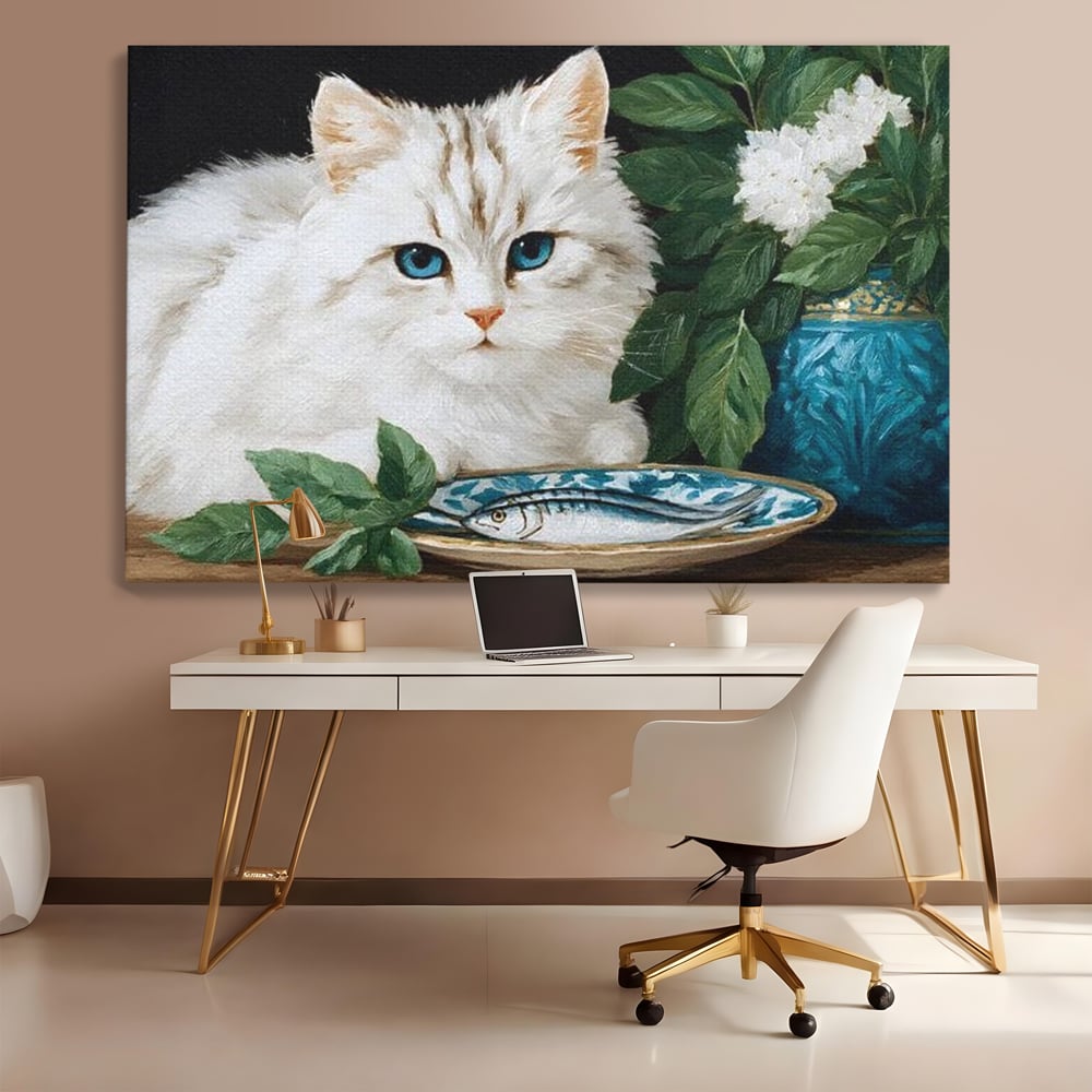 Tablou Canvas Premium, LuxCanva® M1238, Ospat Nobil, Pisica, Portelan, Vaza, Flori, Frunze, Blanita, Peste, Cina, Mancare, Farfurie, Pictura, Ceramica, Birou, Living, Camera Copil