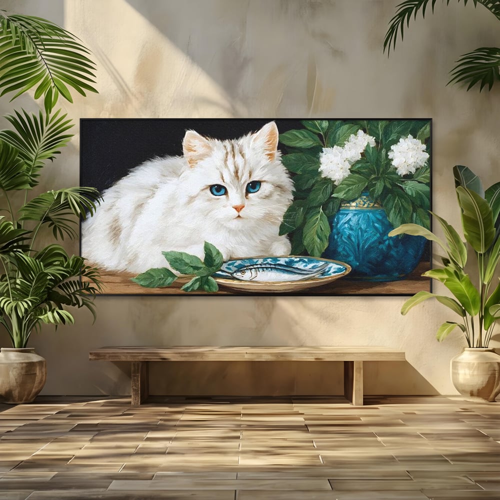 Tablou Canvas Premium, LuxCanva® M1238, Ospat Nobil, Pisica, Portelan, Vaza, Flori, Frunze, Blanita, Peste, Cina, Mancare, Farfurie, Pictura, Ceramica, Birou, Living, Camera Copil