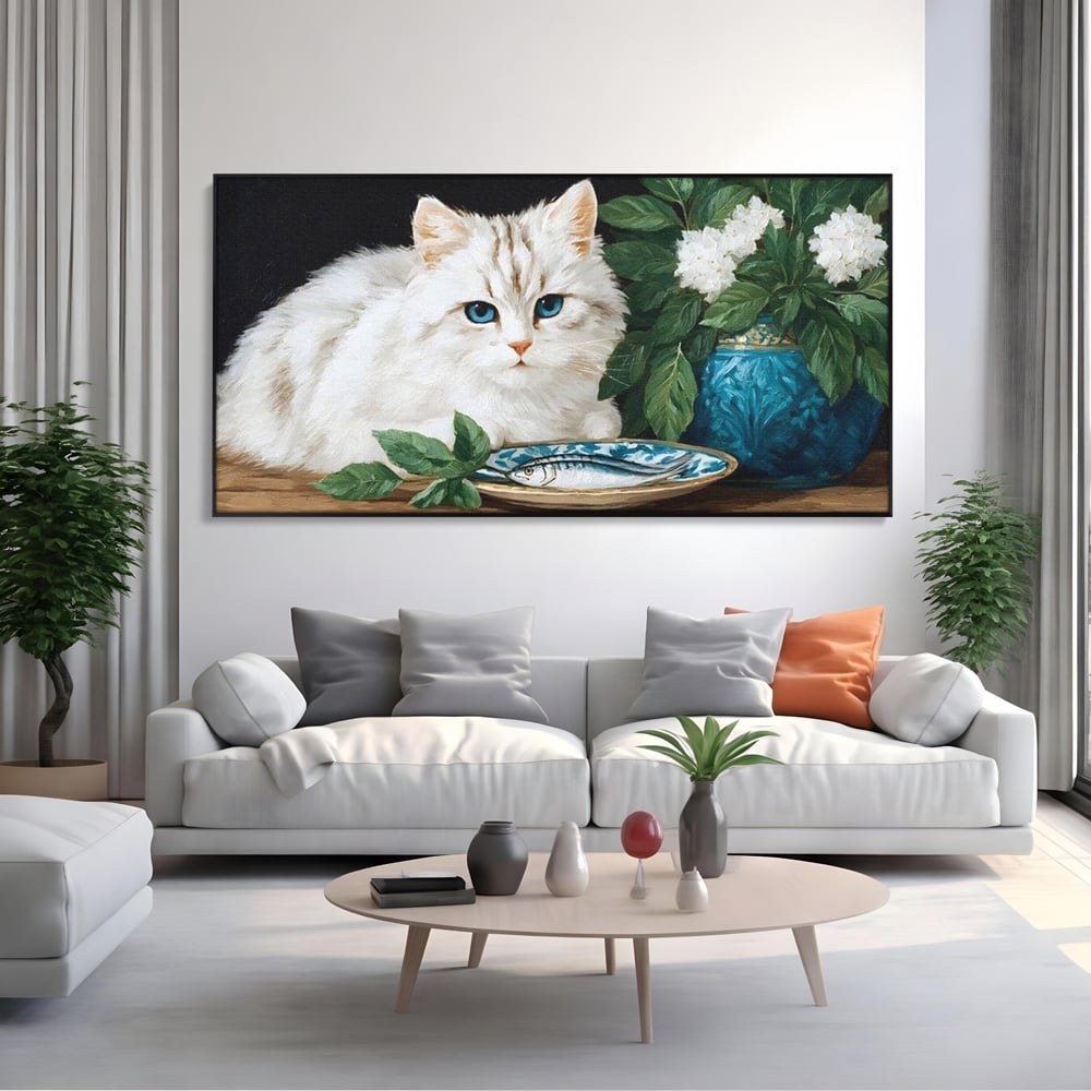 Tablou Canvas Premium, LuxCanva® M1238, Ospat Nobil, Pisica, Portelan, Vaza, Flori, Frunze, Blanita, Peste, Cina, Mancare, Farfurie, Pictura, Ceramica, Birou, Living, Camera Copil
