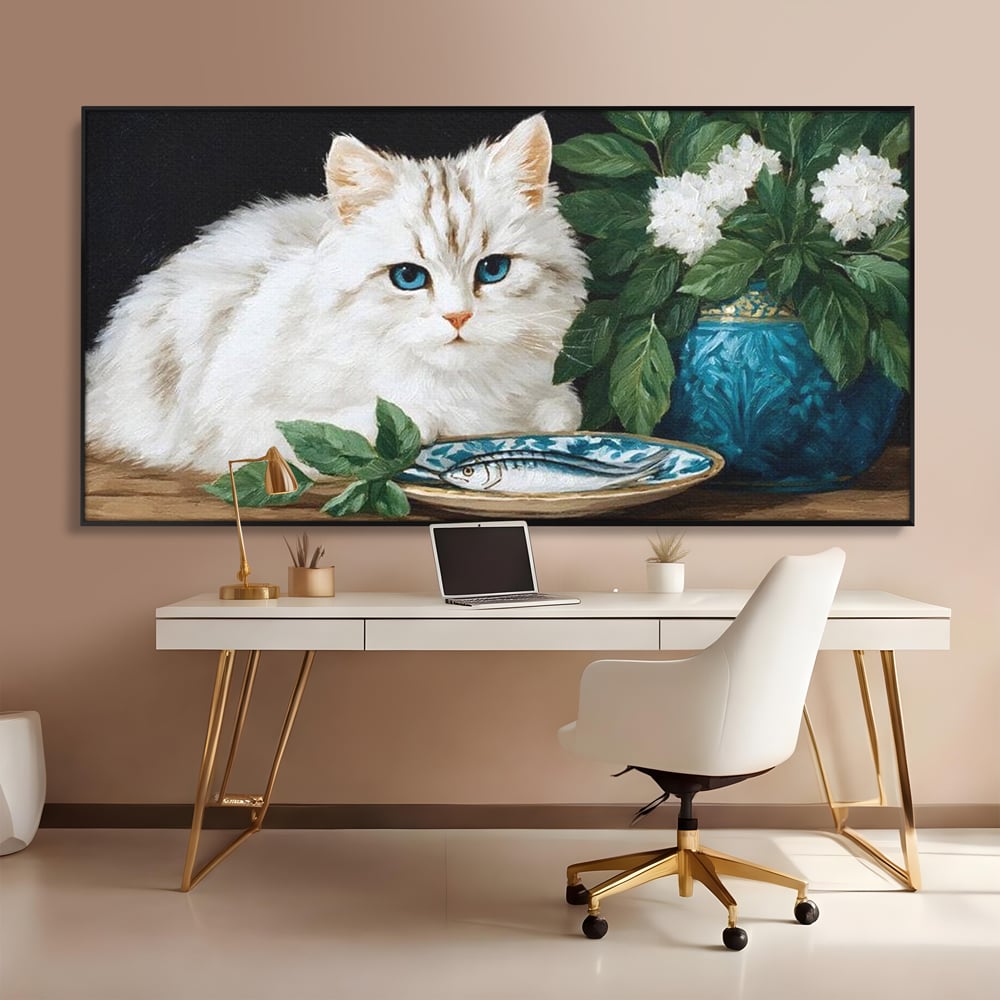 Tablou Canvas Premium, LuxCanva® M1238, Ospat Nobil, Pisica, Portelan, Vaza, Flori, Frunze, Blanita, Peste, Cina, Mancare, Farfurie, Pictura, Ceramica, Birou, Living, Camera Copil