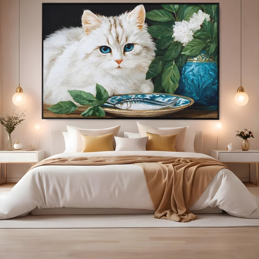Tablou Canvas Premium, LuxCanva® M1238, Ospat Nobil, Pisica, Portelan, Vaza, Flori, Frunze, Blanita, Peste, Cina, Mancare, Farfurie, Pictura, Ceramica, Birou, Living, Camera Copil