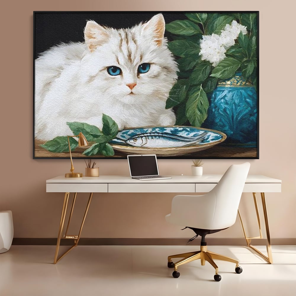 Tablou Canvas Premium, LuxCanva® M1238, Ospat Nobil, Pisica, Portelan, Vaza, Flori, Frunze, Blanita, Peste, Cina, Mancare, Farfurie, Pictura, Ceramica, Birou, Living, Camera Copil
