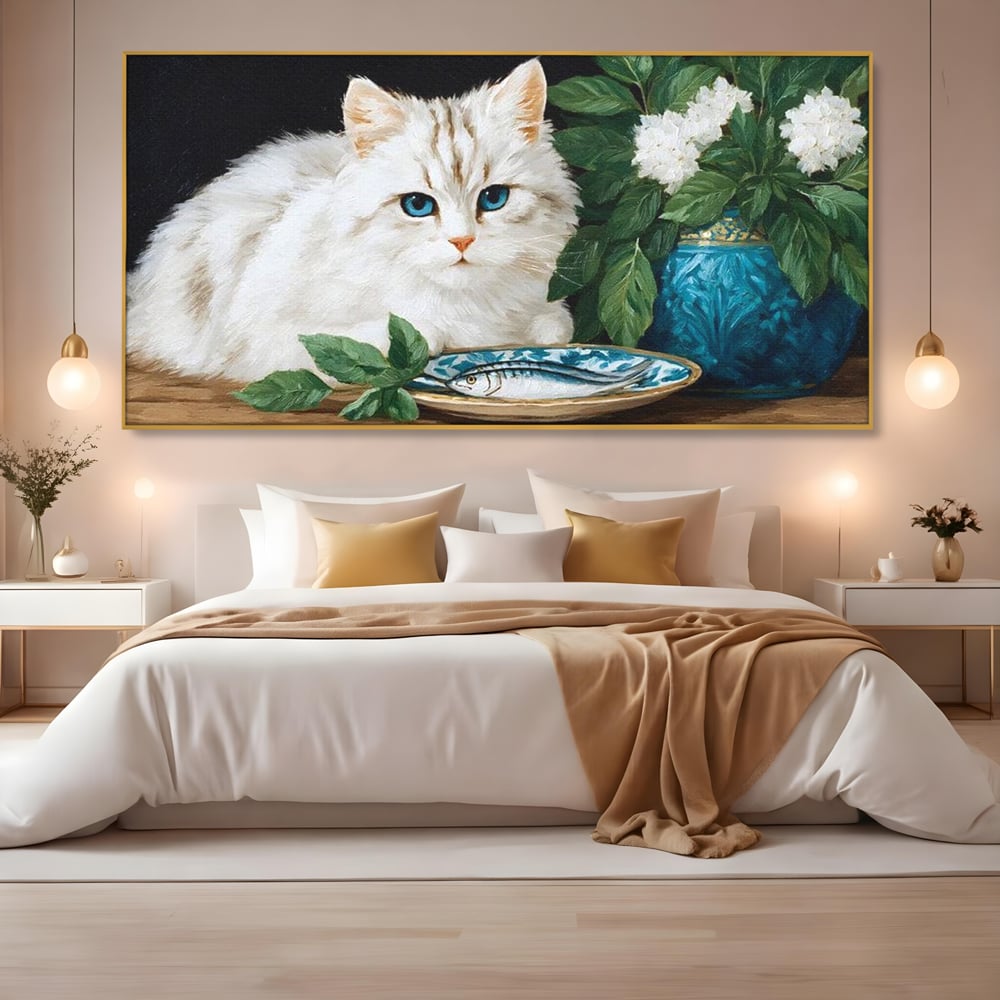 Tablou Canvas Premium, LuxCanva® M1238, Ospat Nobil, Pisica, Portelan, Vaza, Flori, Frunze, Blanita, Peste, Cina, Mancare, Farfurie, Pictura, Ceramica, Birou, Living, Camera Copil