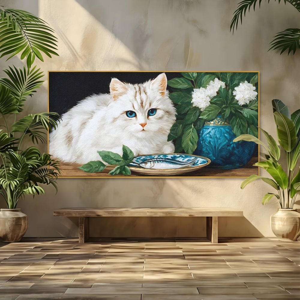 Tablou Canvas Premium, LuxCanva® M1238, Ospat Nobil, Pisica, Portelan, Vaza, Flori, Frunze, Blanita, Peste, Cina, Mancare, Farfurie, Pictura, Ceramica, Birou, Living, Camera Copil