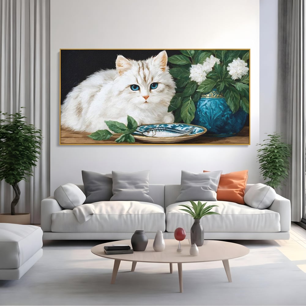 Tablou Canvas Premium, LuxCanva® M1238, Ospat Nobil, Pisica, Portelan, Vaza, Flori, Frunze, Blanita, Peste, Cina, Mancare, Farfurie, Pictura, Ceramica, Birou, Living, Camera Copil