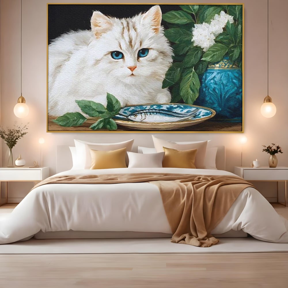 Tablou Canvas Premium, LuxCanva® M1238, Ospat Nobil, Pisica, Portelan, Vaza, Flori, Frunze, Blanita, Peste, Cina, Mancare, Farfurie, Pictura, Ceramica, Birou, Living, Camera Copil