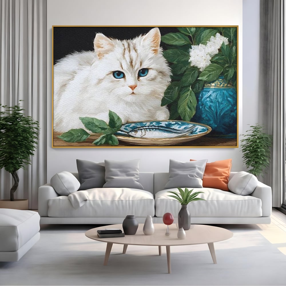 Tablou Canvas Premium, LuxCanva® M1238, Ospat Nobil, Pisica, Portelan, Vaza, Flori, Frunze, Blanita, Peste, Cina, Mancare, Farfurie, Pictura, Ceramica, Birou, Living, Camera Copil