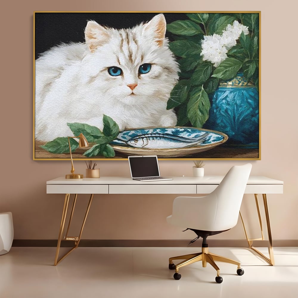 Tablou Canvas Premium, LuxCanva® M1238, Ospat Nobil, Pisica, Portelan, Vaza, Flori, Frunze, Blanita, Peste, Cina, Mancare, Farfurie, Pictura, Ceramica, Birou, Living, Camera Copil
