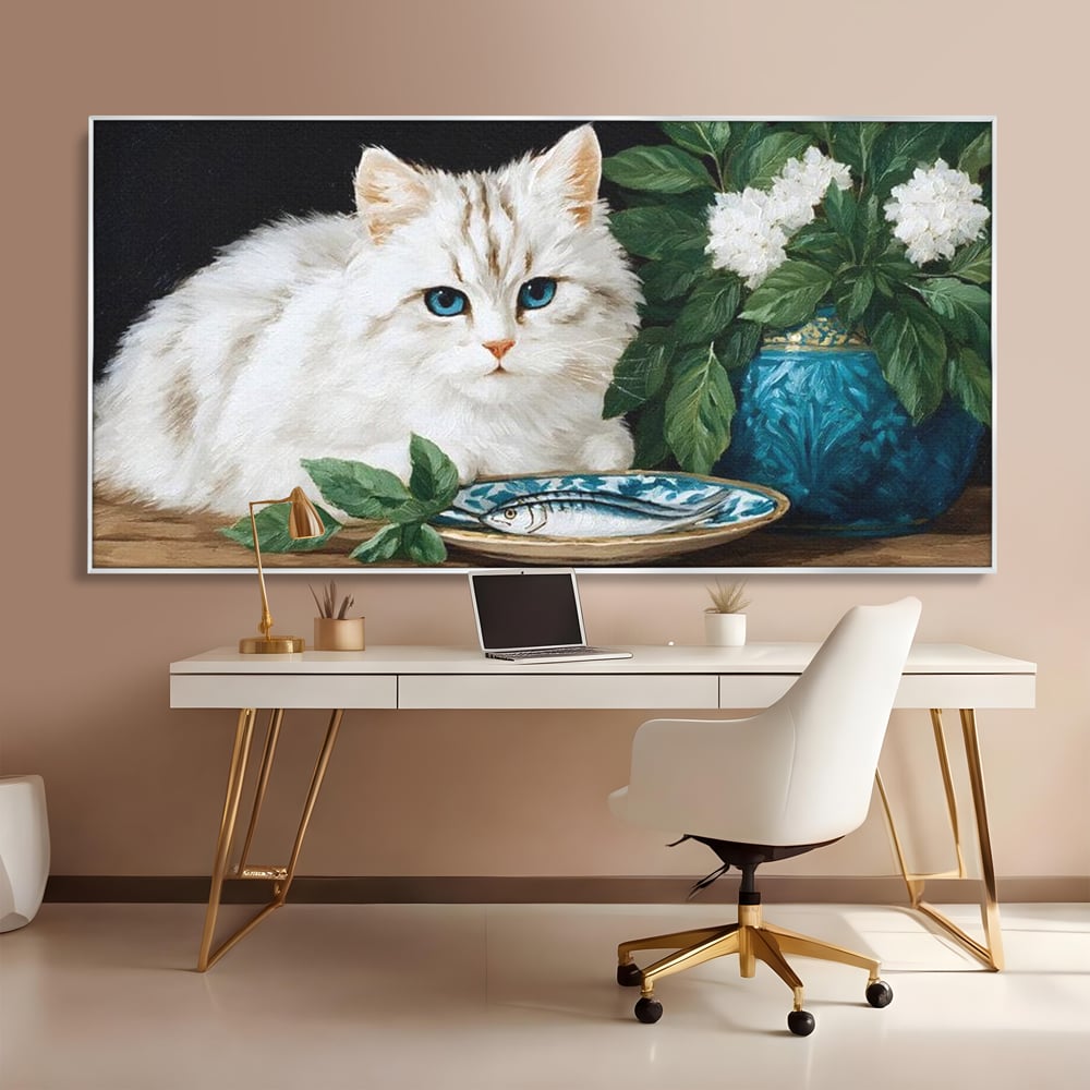 Tablou Canvas Premium, LuxCanva® M1238, Ospat Nobil, Pisica, Portelan, Vaza, Flori, Frunze, Blanita, Peste, Cina, Mancare, Farfurie, Pictura, Ceramica, Birou, Living, Camera Copil