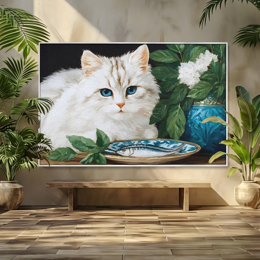 Tablou Canvas Premium, LuxCanva® M1238, Ospat Nobil, Pisica, Portelan, Vaza, Flori, Frunze, Blanita, Peste, Cina, Mancare, Farfurie, Pictura, Ceramica, Birou, Living, Camera Copil