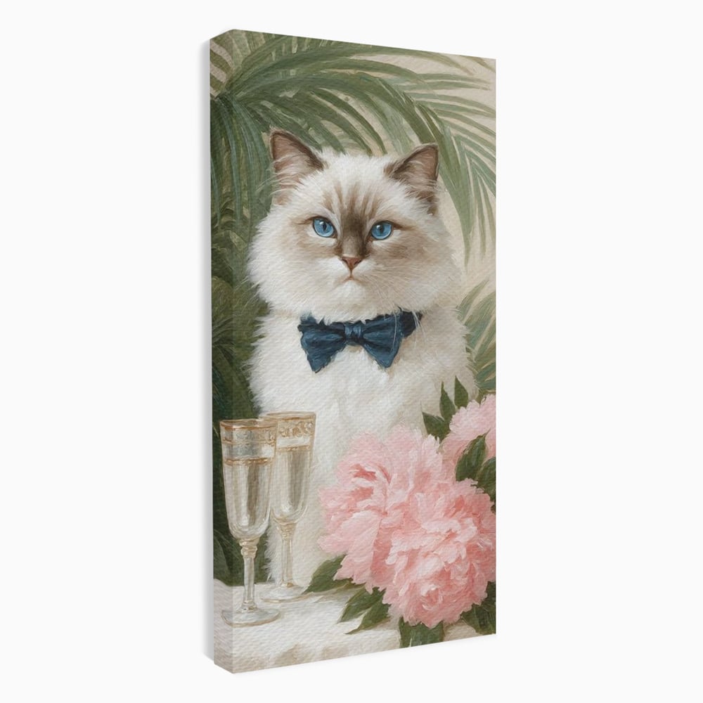 Tablou Canvas Premium, LuxCanva® M1239, Un Toast Romantic, Flori, Papion, Pahare, Costum, Romantic, Frunze, Motan, Elegant, Gentleman, Felina, Sampanie, Birou, Living, Camera Copil