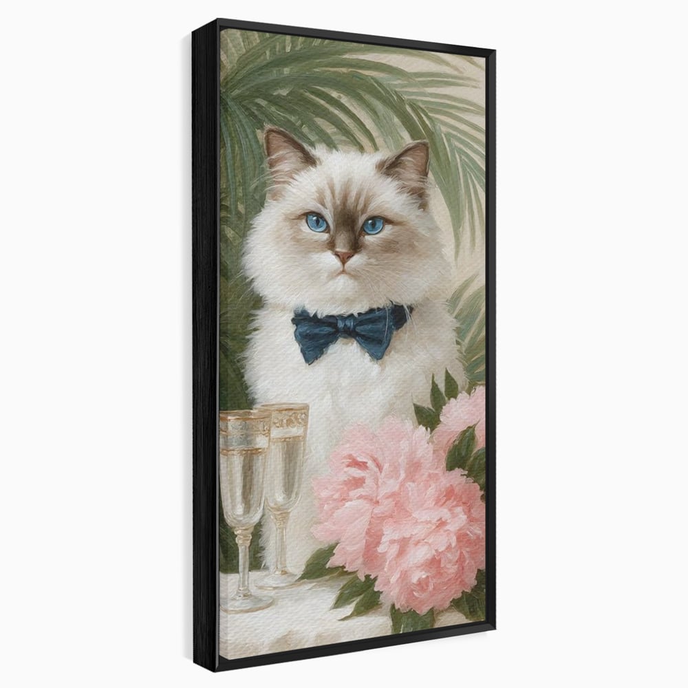 Tablou Canvas Premium, LuxCanva® M1239, Un Toast Romantic, Flori, Papion, Pahare, Costum, Romantic, Frunze, Motan, Elegant, Gentleman, Felina, Sampanie, Birou, Living, Camera Copil