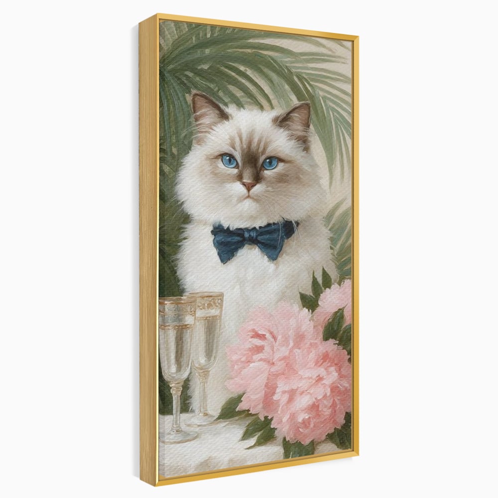 Tablou Canvas Premium, LuxCanva® M1239, Un Toast Romantic, Flori, Papion, Pahare, Costum, Romantic, Frunze, Motan, Elegant, Gentleman, Felina, Sampanie, Birou, Living, Camera Copil