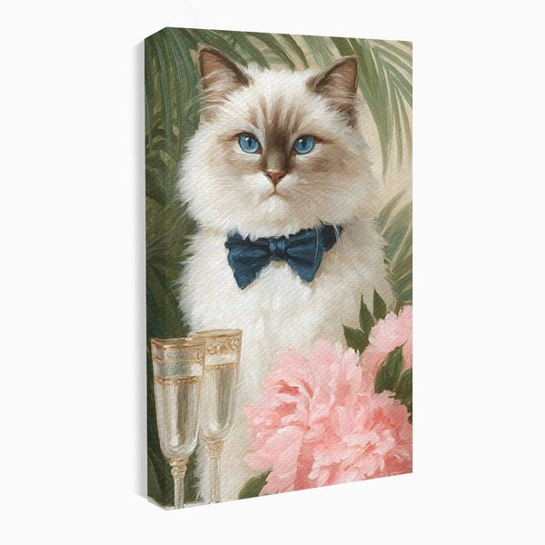 Tablou Canvas Premium, LuxCanva® M1239, Un Toast Romantic, Flori, Papion, Pahare, Costum, Romantic, Frunze, Motan, Elegant, Gentleman, Felina, Sampanie, Birou, Living, Camera Copil