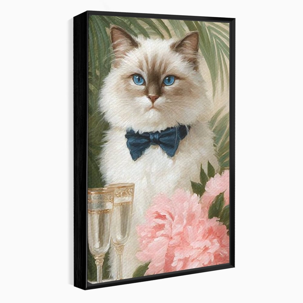 Tablou Canvas Premium, LuxCanva® M1239, Un Toast Romantic, Flori, Papion, Pahare, Costum, Romantic, Frunze, Motan, Elegant, Gentleman, Felina, Sampanie, Birou, Living, Camera Copil