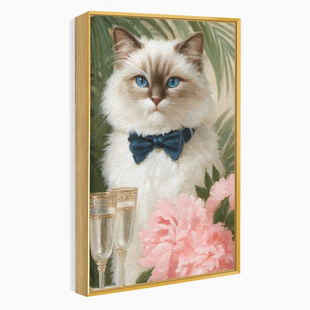 Tablou Canvas Premium, LuxCanva® M1239, Un Toast Romantic, Flori, Papion, Pahare, Costum, Romantic, Frunze, Motan, Elegant, Gentleman, Felina, Sampanie, Birou, Living, Camera Copil