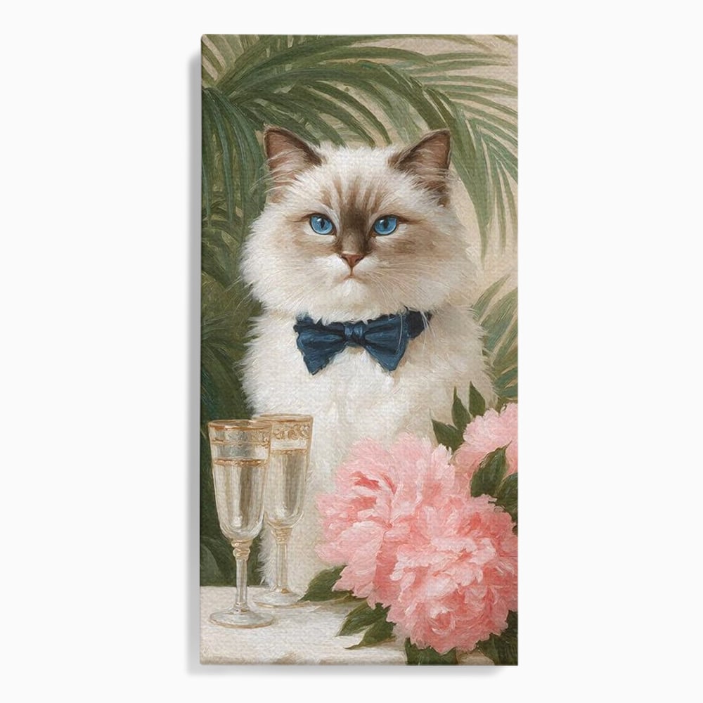 Tablou Canvas Premium, LuxCanva® M1239, Un Toast Romantic, Flori, Papion, Pahare, Costum, Romantic, Frunze, Motan, Elegant, Gentleman, Felina, Sampanie, Birou, Living, Camera Copil