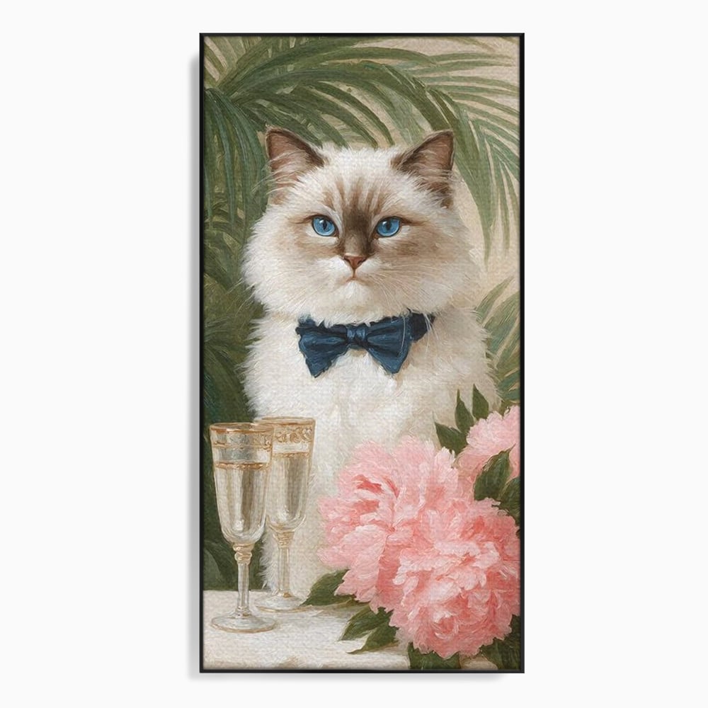 Tablou Canvas Premium, LuxCanva® M1239, Un Toast Romantic, Flori, Papion, Pahare, Costum, Romantic, Frunze, Motan, Elegant, Gentleman, Felina, Sampanie, Birou, Living, Camera Copil