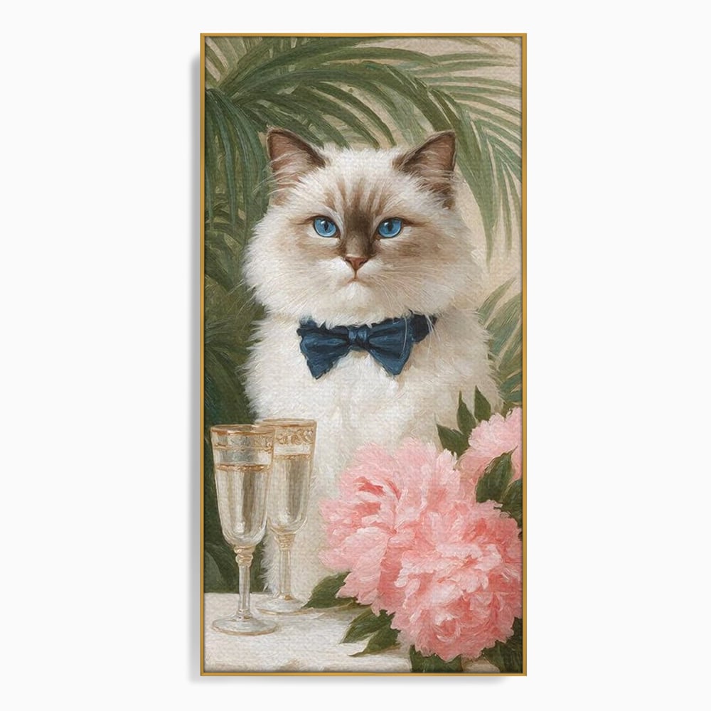 Tablou Canvas Premium, LuxCanva® M1239, Un Toast Romantic, Flori, Papion, Pahare, Costum, Romantic, Frunze, Motan, Elegant, Gentleman, Felina, Sampanie, Birou, Living, Camera Copil