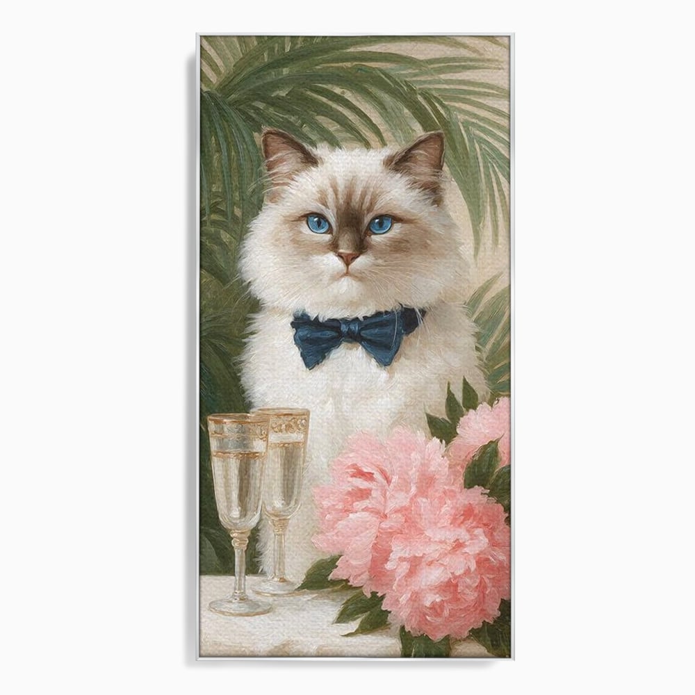 Tablou Canvas Premium, LuxCanva® M1239, Un Toast Romantic, Flori, Papion, Pahare, Costum, Romantic, Frunze, Motan, Elegant, Gentleman, Felina, Sampanie, Birou, Living, Camera Copil