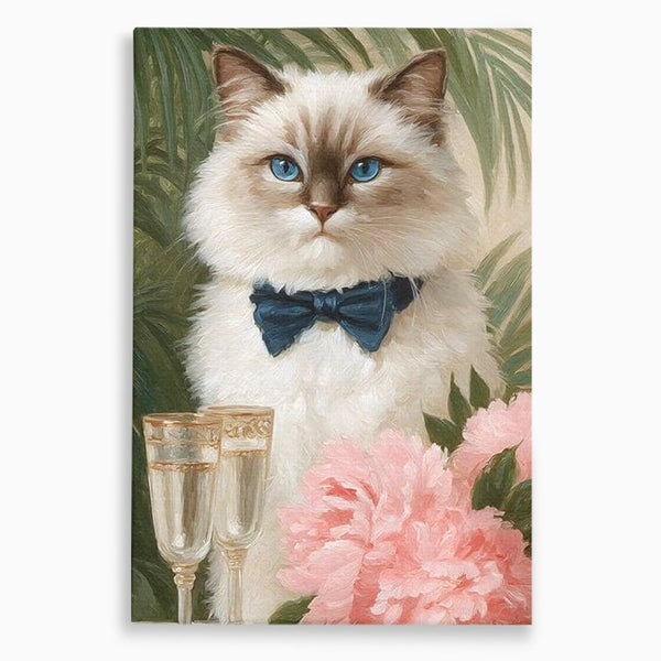 Tablou Canvas Premium, LuxCanva® M1239, Un Toast Romantic, Flori, Papion, Pahare, Costum, Romantic, Frunze, Motan, Elegant, Gentleman, Felina, Sampanie, Birou, Living, Camera Copil