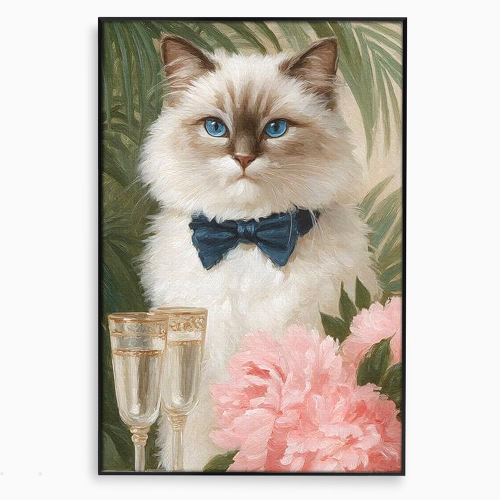 Tablou Canvas Premium, LuxCanva® M1239, Un Toast Romantic, Flori, Papion, Pahare, Costum, Romantic, Frunze, Motan, Elegant, Gentleman, Felina, Sampanie, Birou, Living, Camera Copil