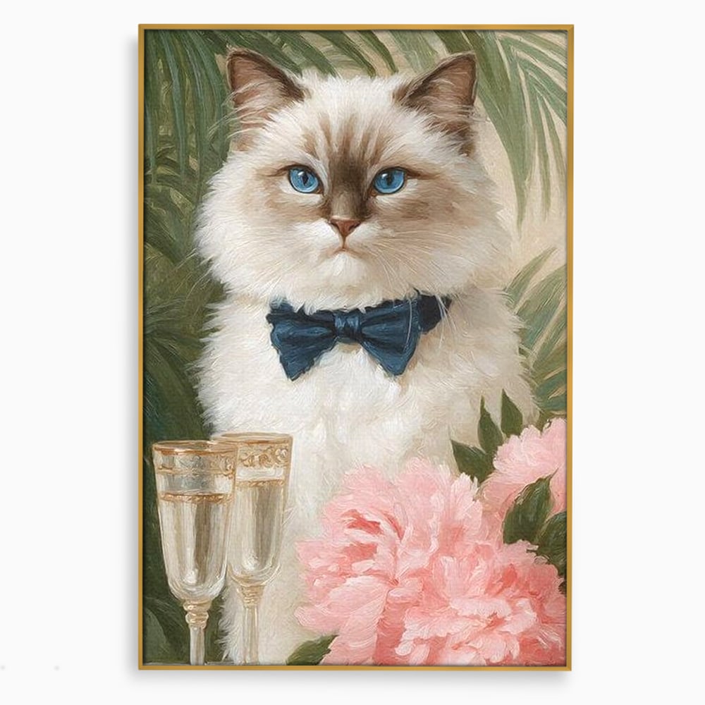 Tablou Canvas Premium, LuxCanva® M1239, Un Toast Romantic, Flori, Papion, Pahare, Costum, Romantic, Frunze, Motan, Elegant, Gentleman, Felina, Sampanie, Birou, Living, Camera Copil