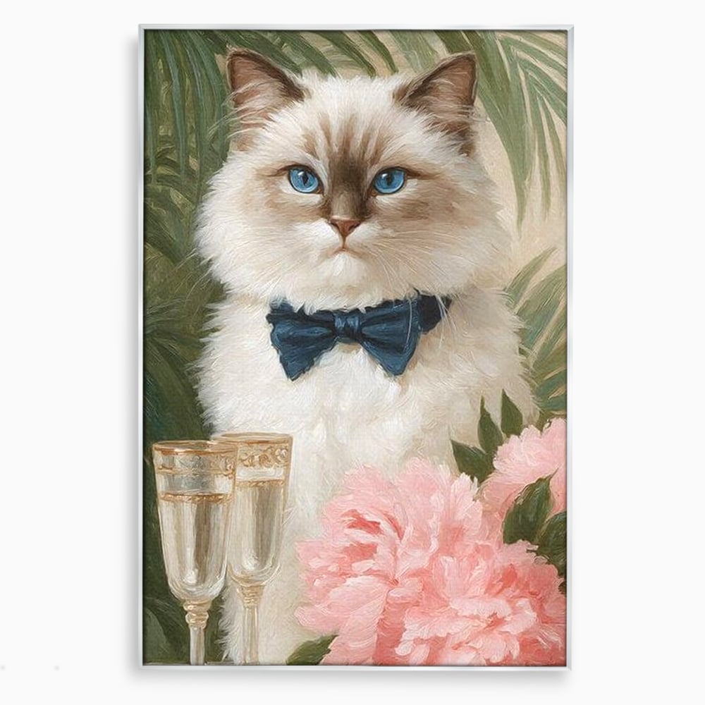 Tablou Canvas Premium, LuxCanva® M1239, Un Toast Romantic, Flori, Papion, Pahare, Costum, Romantic, Frunze, Motan, Elegant, Gentleman, Felina, Sampanie, Birou, Living, Camera Copil