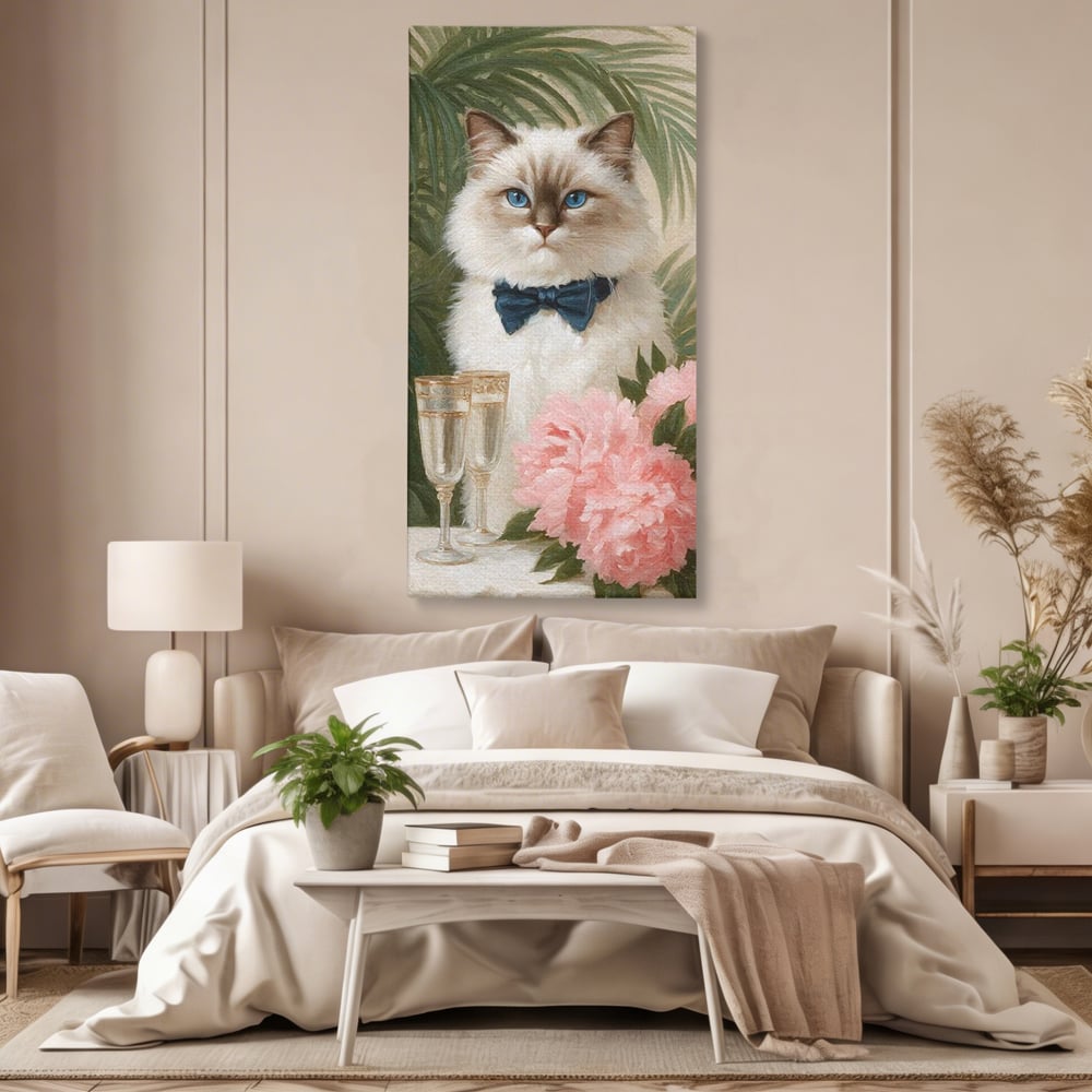 Tablou Canvas Premium, LuxCanva® M1239, Un Toast Romantic, Flori, Papion, Pahare, Costum, Romantic, Frunze, Motan, Elegant, Gentleman, Felina, Sampanie, Birou, Living, Camera Copil