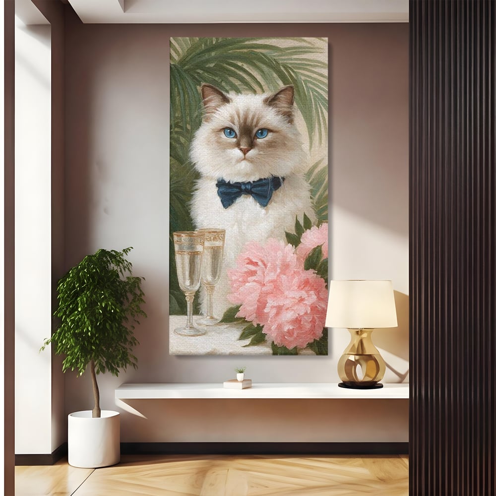 Tablou Canvas Premium, LuxCanva® M1239, Un Toast Romantic, Flori, Papion, Pahare, Costum, Romantic, Frunze, Motan, Elegant, Gentleman, Felina, Sampanie, Birou, Living, Camera Copil