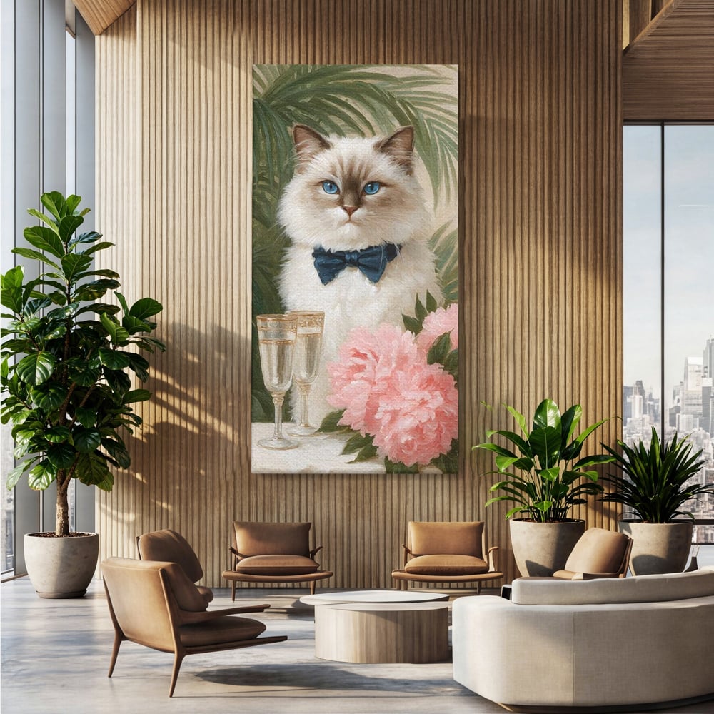 Tablou Canvas Premium, LuxCanva® M1239, Un Toast Romantic, Flori, Papion, Pahare, Costum, Romantic, Frunze, Motan, Elegant, Gentleman, Felina, Sampanie, Birou, Living, Camera Copil