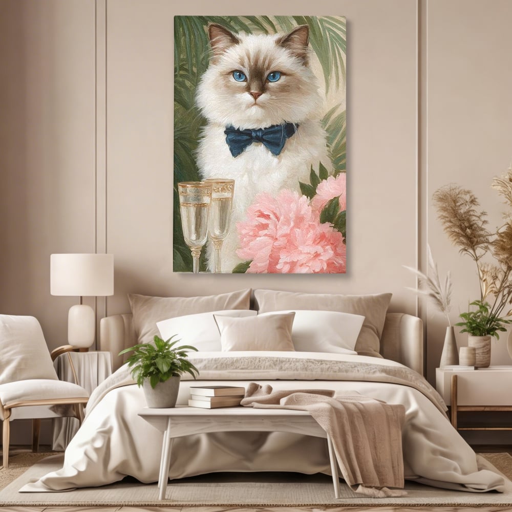 Tablou Canvas Premium, LuxCanva® M1239, Un Toast Romantic, Flori, Papion, Pahare, Costum, Romantic, Frunze, Motan, Elegant, Gentleman, Felina, Sampanie, Birou, Living, Camera Copil