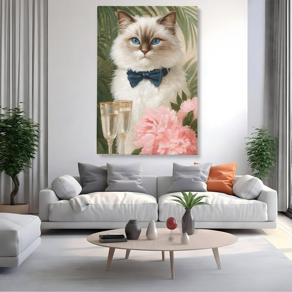 Tablou Canvas Premium, LuxCanva® M1239, Un Toast Romantic, Flori, Papion, Pahare, Costum, Romantic, Frunze, Motan, Elegant, Gentleman, Felina, Sampanie, Birou, Living, Camera Copil