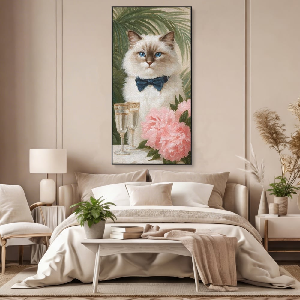 Tablou Canvas Premium, LuxCanva® M1239, Un Toast Romantic, Flori, Papion, Pahare, Costum, Romantic, Frunze, Motan, Elegant, Gentleman, Felina, Sampanie, Birou, Living, Camera Copil