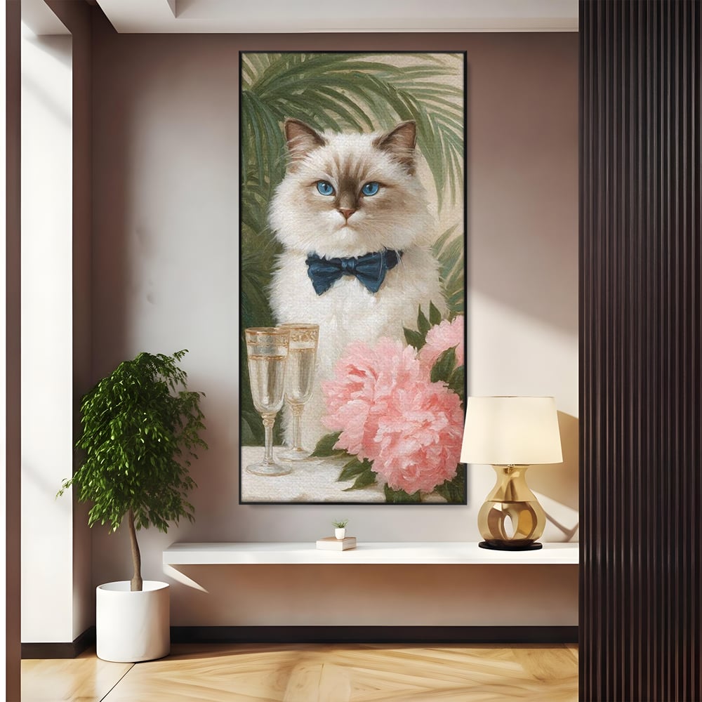 Tablou Canvas Premium, LuxCanva® M1239, Un Toast Romantic, Flori, Papion, Pahare, Costum, Romantic, Frunze, Motan, Elegant, Gentleman, Felina, Sampanie, Birou, Living, Camera Copil
