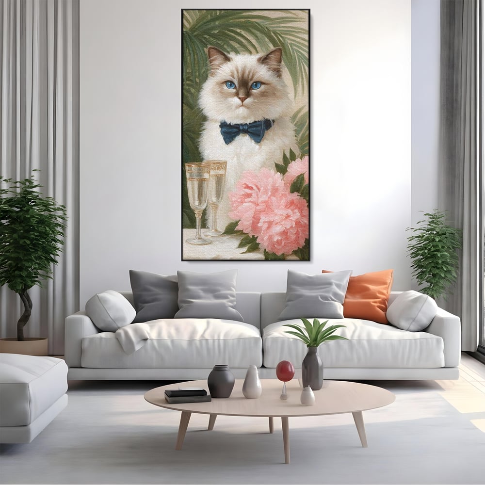Tablou Canvas Premium, LuxCanva® M1239, Un Toast Romantic, Flori, Papion, Pahare, Costum, Romantic, Frunze, Motan, Elegant, Gentleman, Felina, Sampanie, Birou, Living, Camera Copil