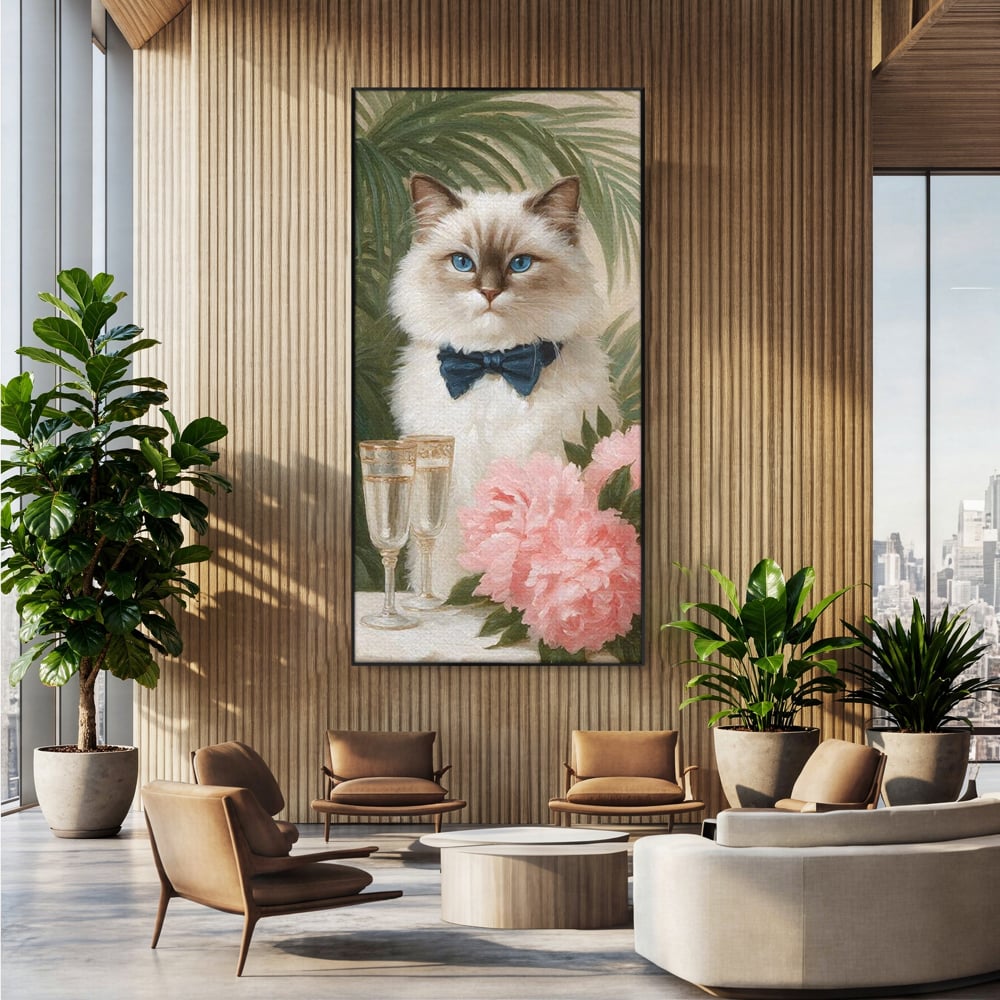 Tablou Canvas Premium, LuxCanva® M1239, Un Toast Romantic, Flori, Papion, Pahare, Costum, Romantic, Frunze, Motan, Elegant, Gentleman, Felina, Sampanie, Birou, Living, Camera Copil