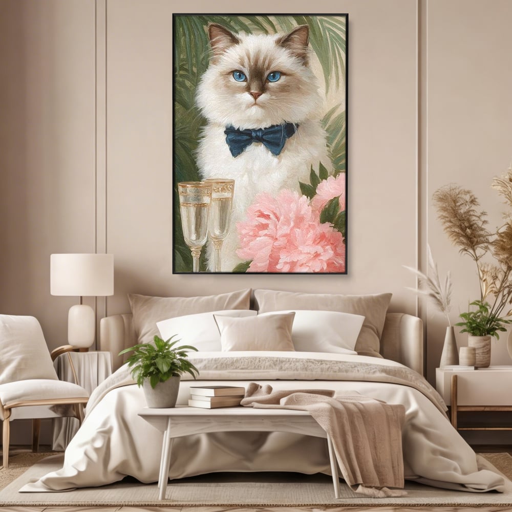 Tablou Canvas Premium, LuxCanva® M1239, Un Toast Romantic, Flori, Papion, Pahare, Costum, Romantic, Frunze, Motan, Elegant, Gentleman, Felina, Sampanie, Birou, Living, Camera Copil