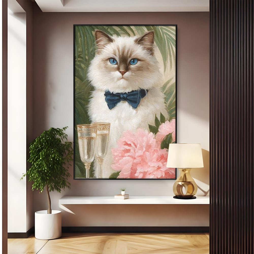 Tablou Canvas Premium, LuxCanva® M1239, Un Toast Romantic, Flori, Papion, Pahare, Costum, Romantic, Frunze, Motan, Elegant, Gentleman, Felina, Sampanie, Birou, Living, Camera Copil
