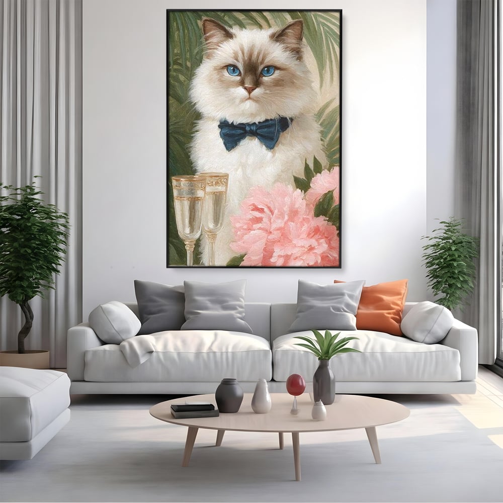 Tablou Canvas Premium, LuxCanva® M1239, Un Toast Romantic, Flori, Papion, Pahare, Costum, Romantic, Frunze, Motan, Elegant, Gentleman, Felina, Sampanie, Birou, Living, Camera Copil