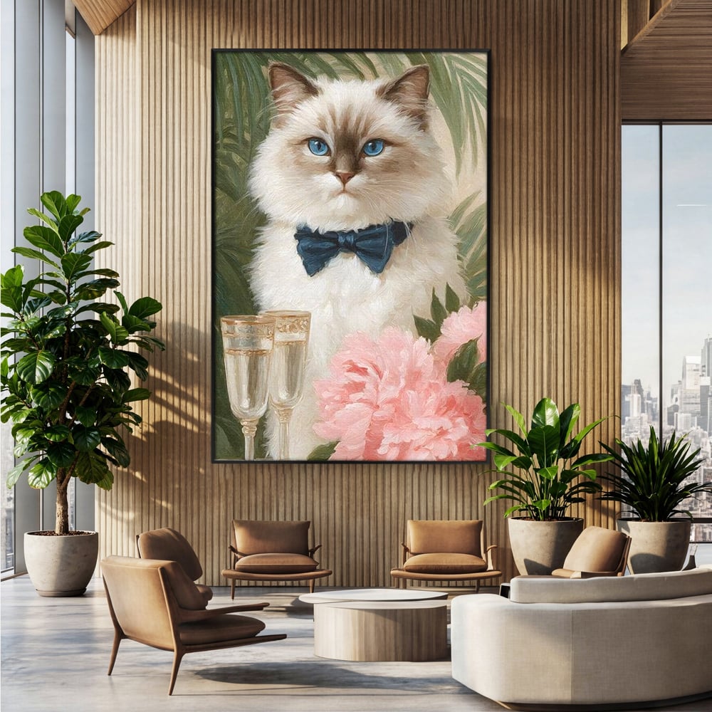 Tablou Canvas Premium, LuxCanva® M1239, Un Toast Romantic, Flori, Papion, Pahare, Costum, Romantic, Frunze, Motan, Elegant, Gentleman, Felina, Sampanie, Birou, Living, Camera Copil