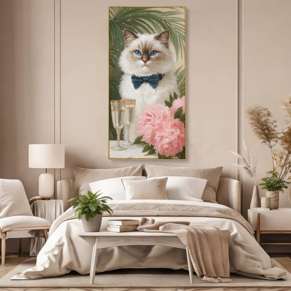 Tablou Canvas Premium, LuxCanva® M1239, Un Toast Romantic, Flori, Papion, Pahare, Costum, Romantic, Frunze, Motan, Elegant, Gentleman, Felina, Sampanie, Birou, Living, Camera Copil