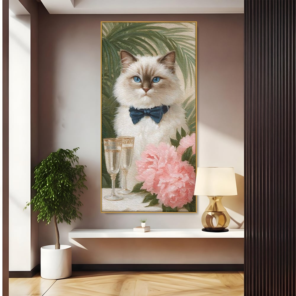 Tablou Canvas Premium, LuxCanva® M1239, Un Toast Romantic, Flori, Papion, Pahare, Costum, Romantic, Frunze, Motan, Elegant, Gentleman, Felina, Sampanie, Birou, Living, Camera Copil