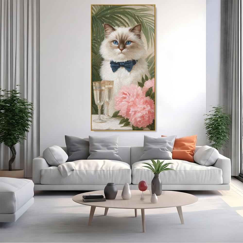 Tablou Canvas Premium, LuxCanva® M1239, Un Toast Romantic, Flori, Papion, Pahare, Costum, Romantic, Frunze, Motan, Elegant, Gentleman, Felina, Sampanie, Birou, Living, Camera Copil