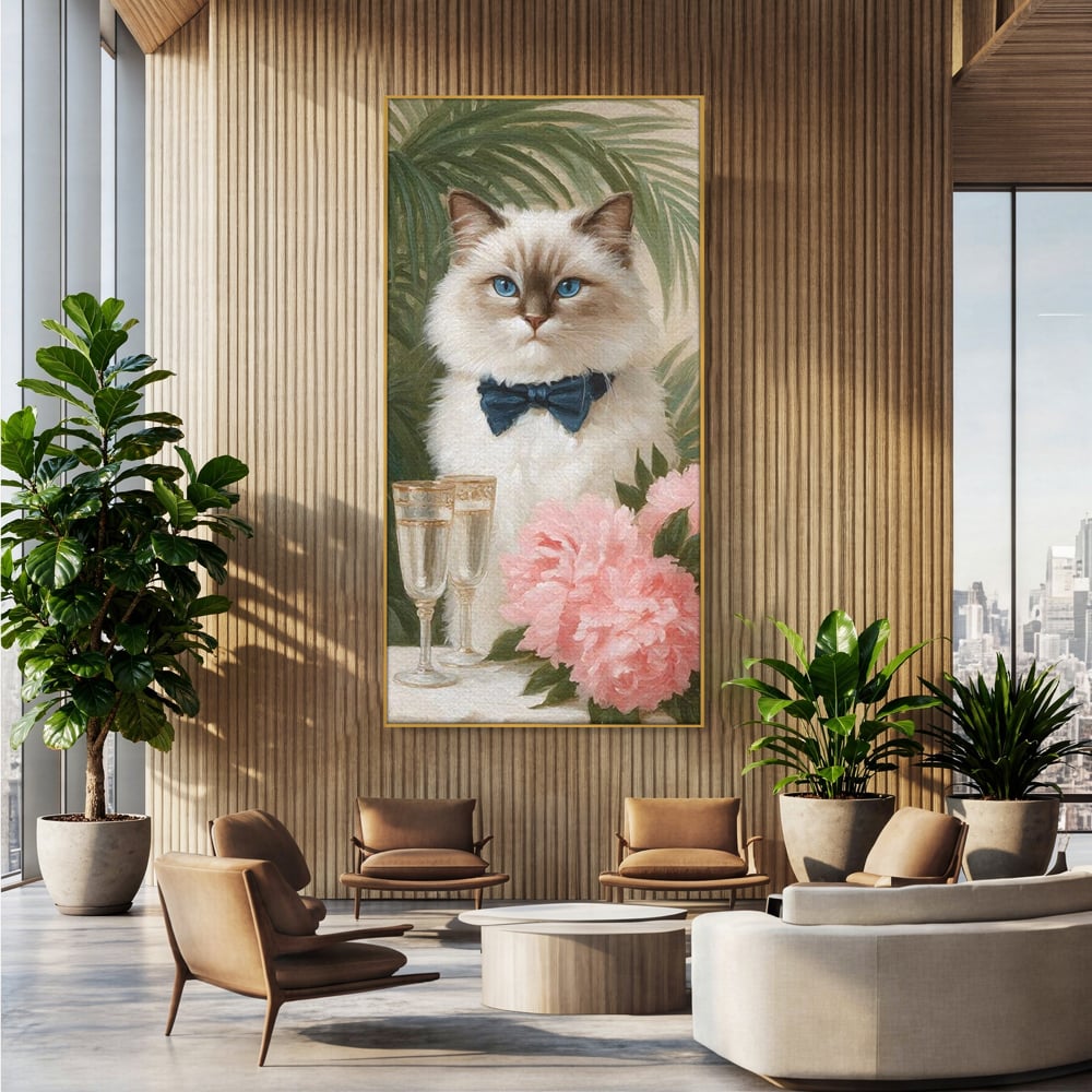 Tablou Canvas Premium, LuxCanva® M1239, Un Toast Romantic, Flori, Papion, Pahare, Costum, Romantic, Frunze, Motan, Elegant, Gentleman, Felina, Sampanie, Birou, Living, Camera Copil