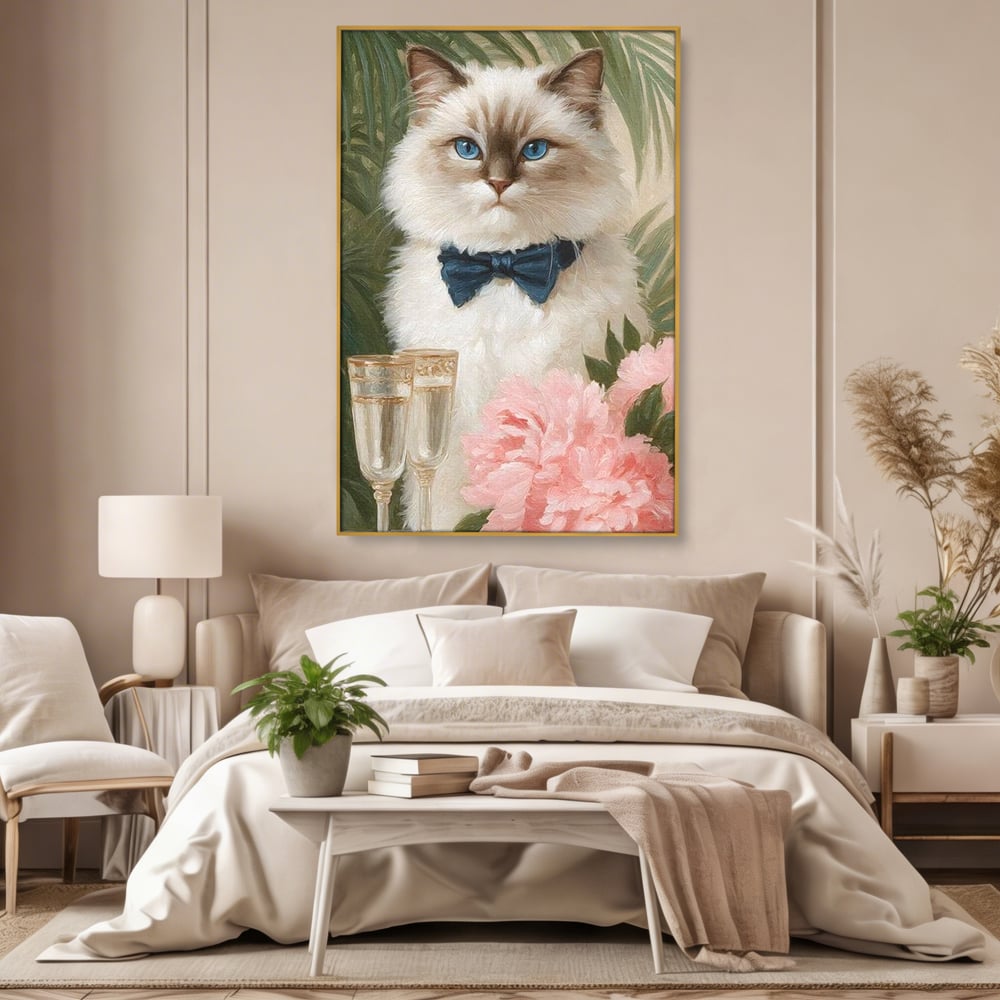 Tablou Canvas Premium, LuxCanva® M1239, Un Toast Romantic, Flori, Papion, Pahare, Costum, Romantic, Frunze, Motan, Elegant, Gentleman, Felina, Sampanie, Birou, Living, Camera Copil